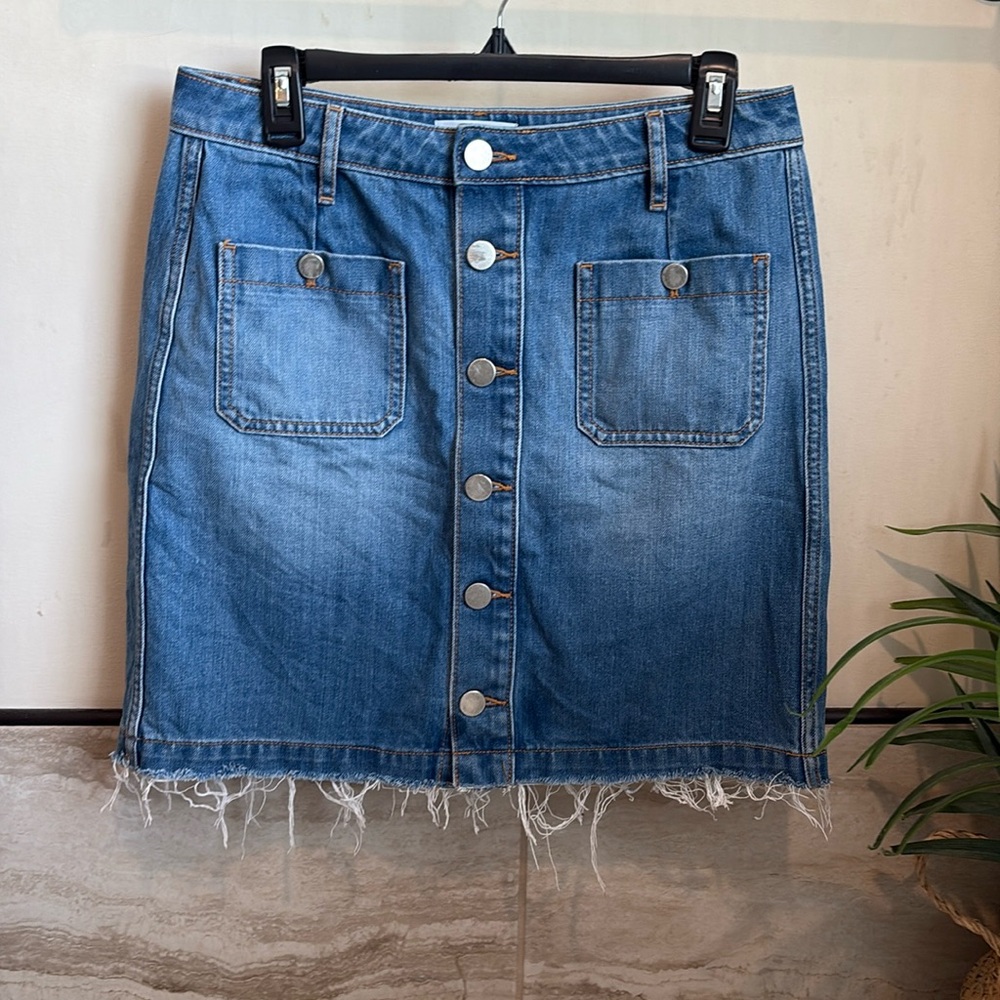 Loft Denim Skirt, button front, fray hem.